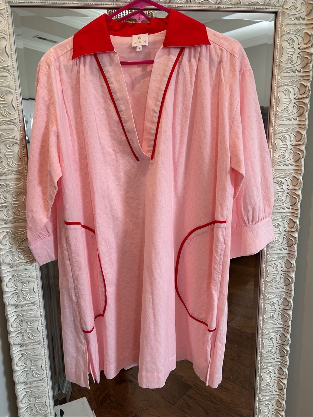 J Marie Pink Tunic Dress with Red Collar and Pocket Trim